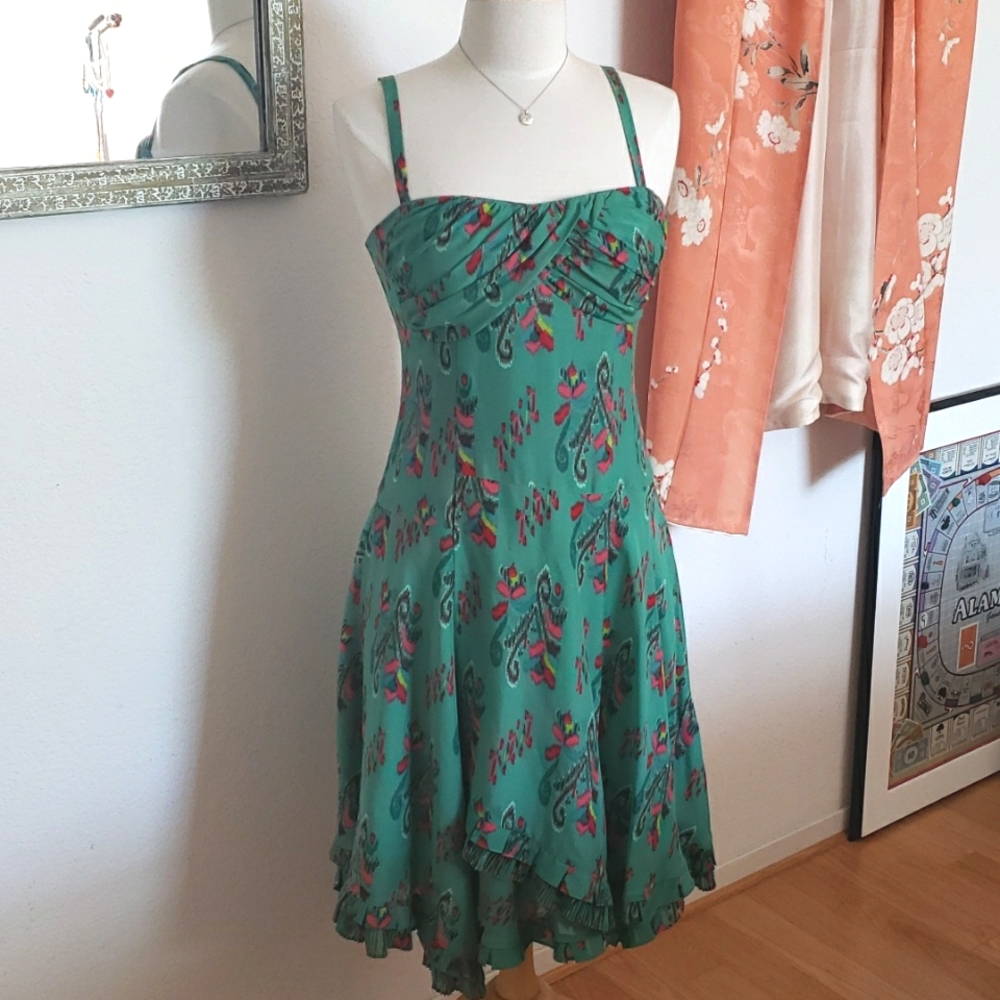 Nanette Lepore Green Silk Blend Ruffle Hem Dress Size 6